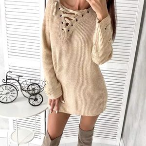 Light Beige Lace Up Oversized Knit Sweater Dress